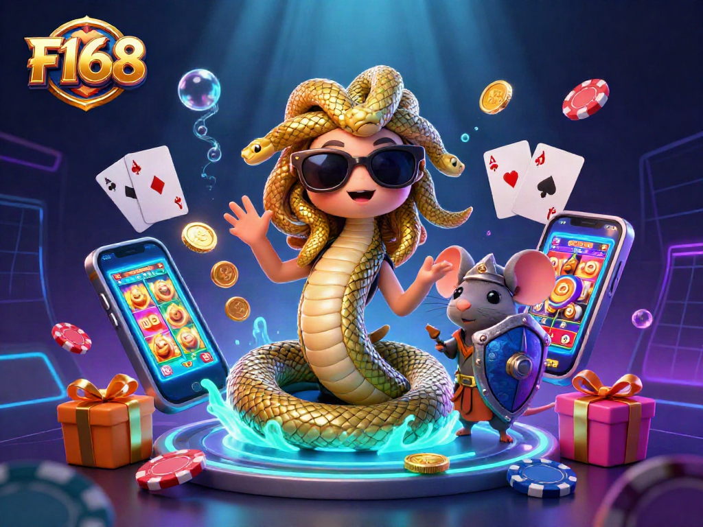 Experience immersive gaming action with F168 featuring Medusa and a warrior mouse in a vibrant casino scene.