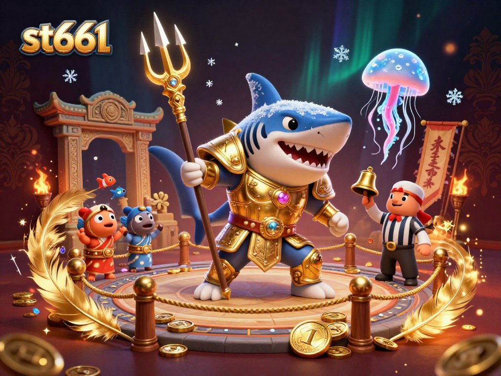 Experience thrilling gameplay at st666 with a dynamic 3D casino scene featuring a gladiator shark and a vibrant crowd.