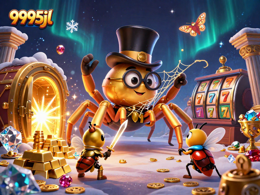 Experience the thrill of winning at 9995jl with a golden tarantula and beetle knight amidst treasures.