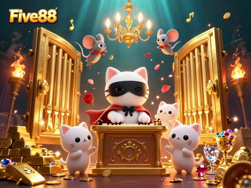 Experience the excitement of Five88 with a vibrant casino scene featuring whimsical characters and golden treasures.
