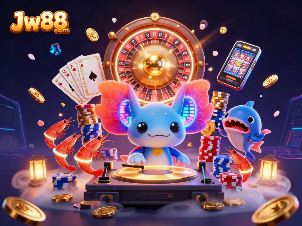 Engage with Jw88 com for exciting gaming adventures featuring a vibrant 3D casino illustration.