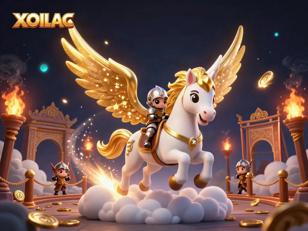 Experience the excitement of XOILAC with a galloping celestial horse and knight amidst a vibrant gambling scene.