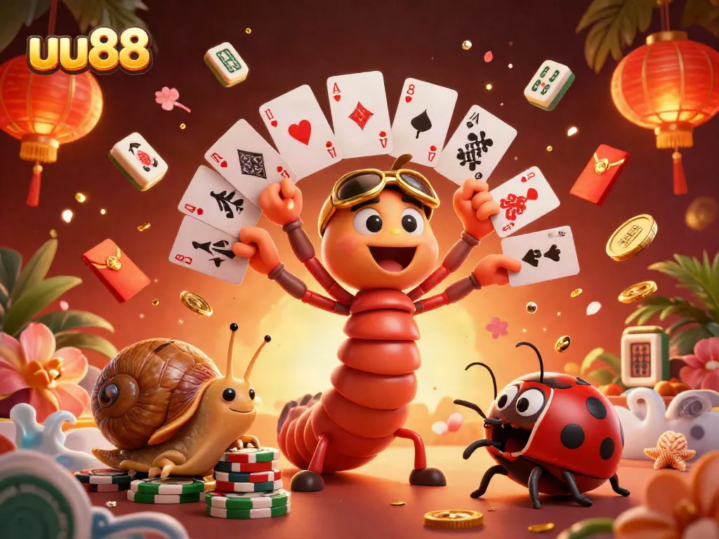 Play casino games with uu88's cartoon millipede dealer at a lively table featuring vibrant, gold-trimmed elements.