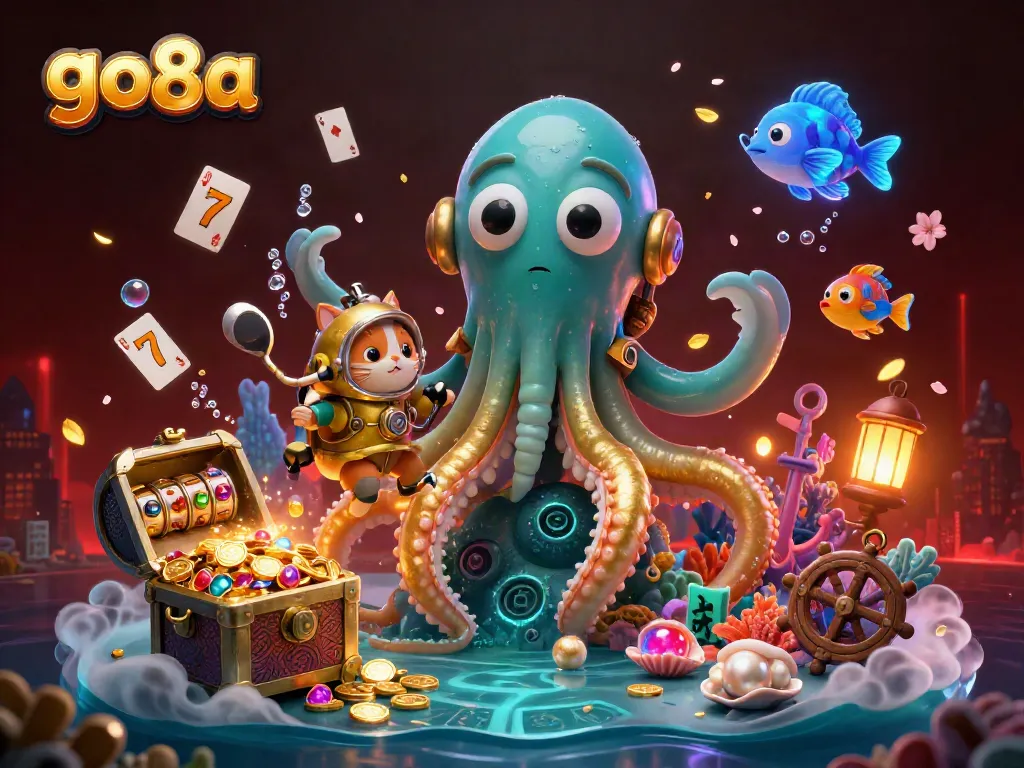 Experience the excitement of go8a with a colossal kraken and vintage diving cat amidst a vibrant casino theme.