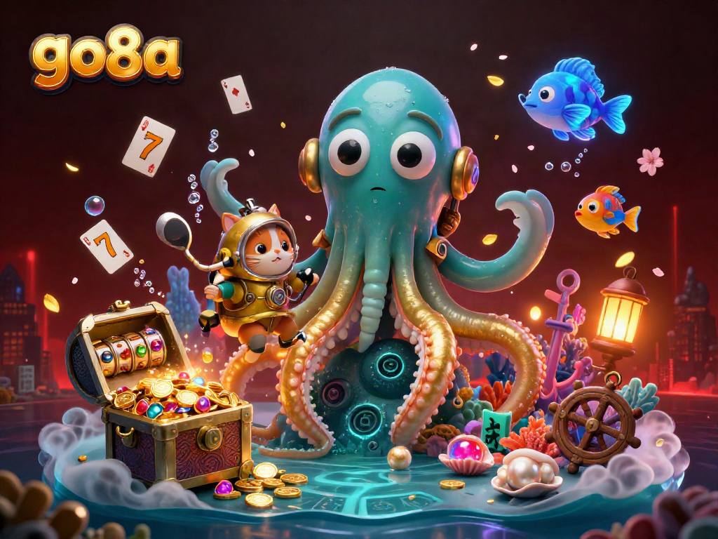 Experience the excitement of go8a with a colossal kraken and vintage diving cat amidst a vibrant casino theme.