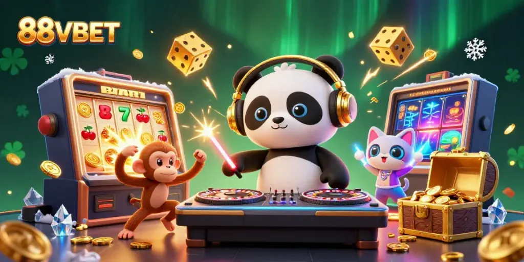 Experience the vibrant world of 88VBET with DJ panda, dancing monkey, and glowing kitten amidst a casino explosion