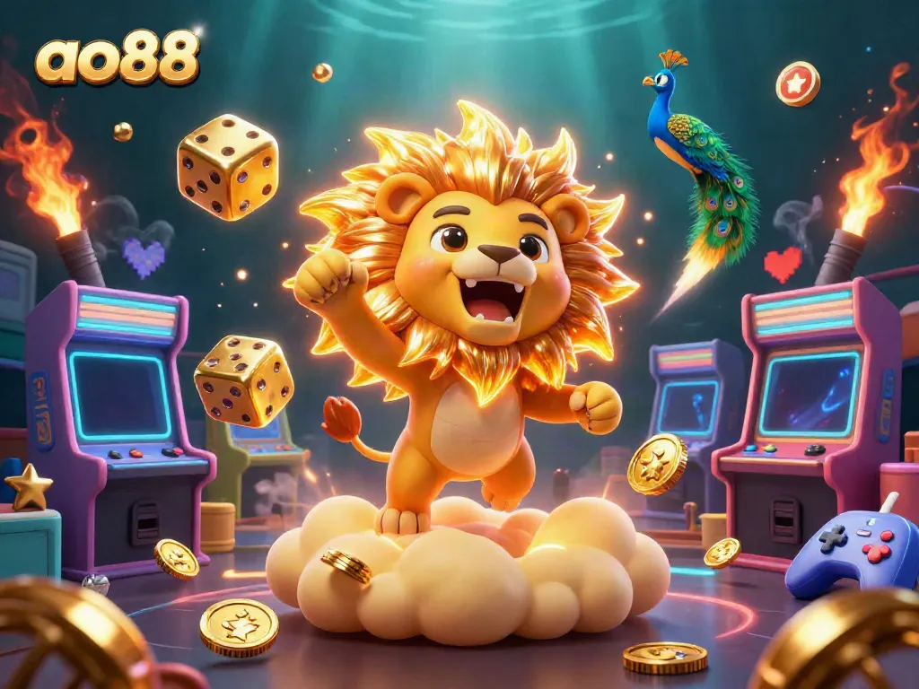 Experience thrilling gameplay at ao88 with a vibrant casino-themed 3D digital illustration showcasing dynamic gaming elements.