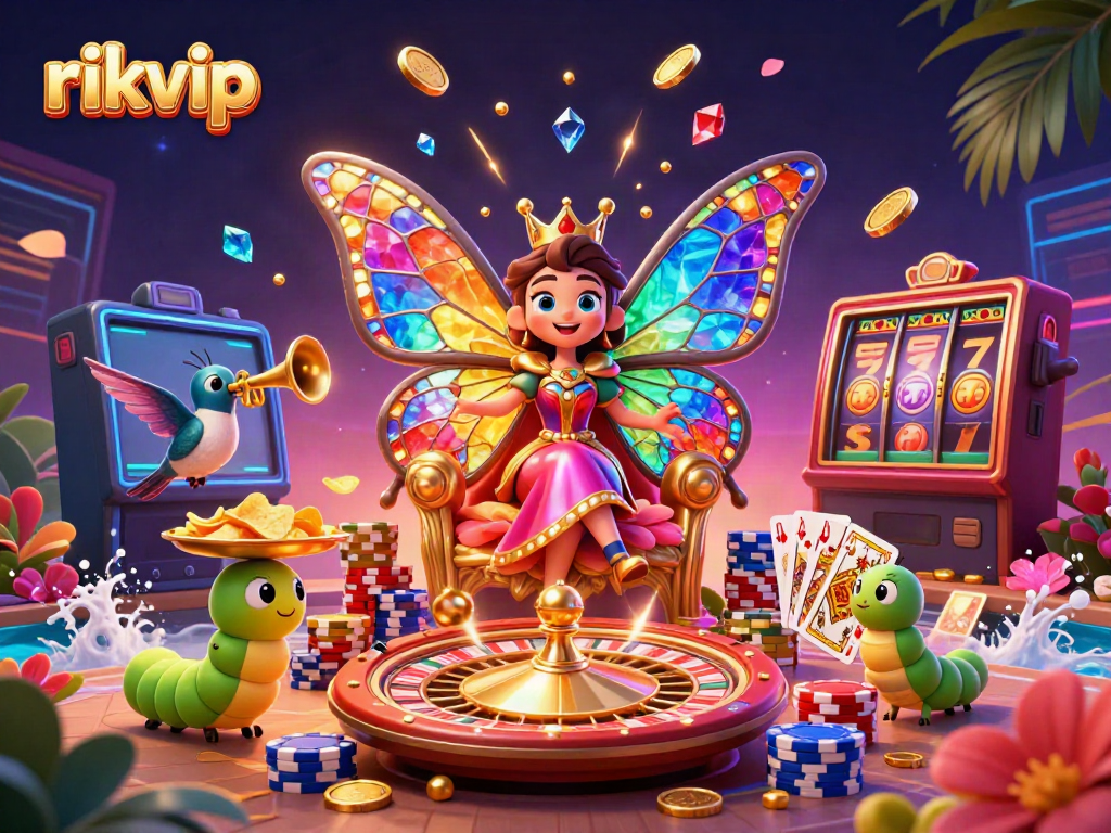Experience the vibrant world of rikvip, where a dazzling butterfly queen presides over a realm of exciting casino games and rewards.