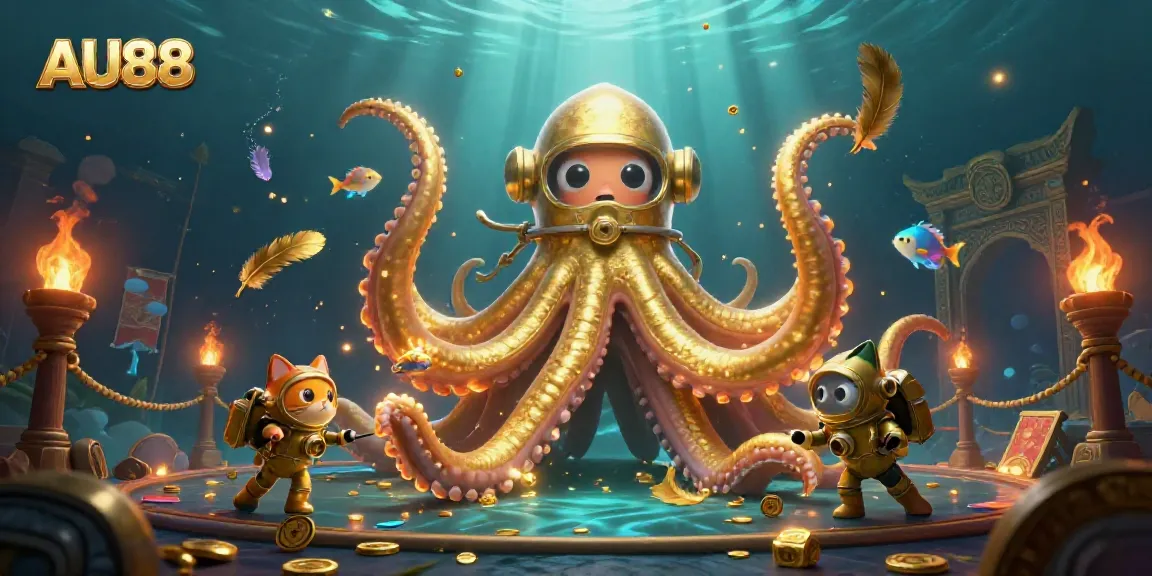 Experience the thrill of AU88 with a kraken, diving cat, and deep-sea fish amidst a vibrant treasure scene.