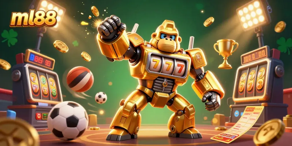 Engage with ml88's vibrant casino experience featuring a golden gorilla mech and dynamic gaming elements.