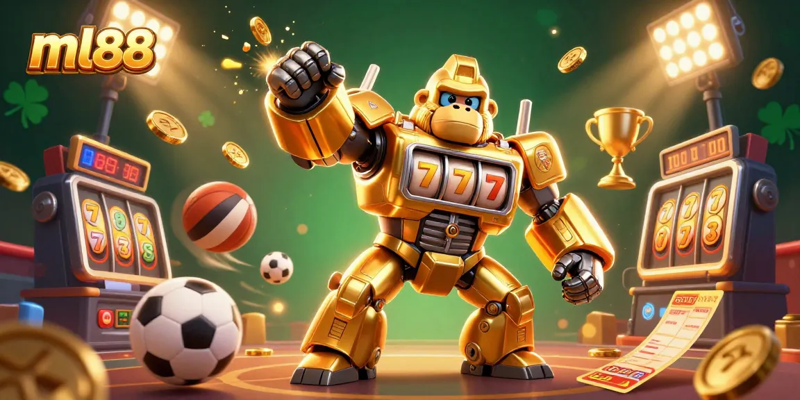 Engage with ml88's vibrant casino experience featuring a golden gorilla mech and dynamic gaming elements.