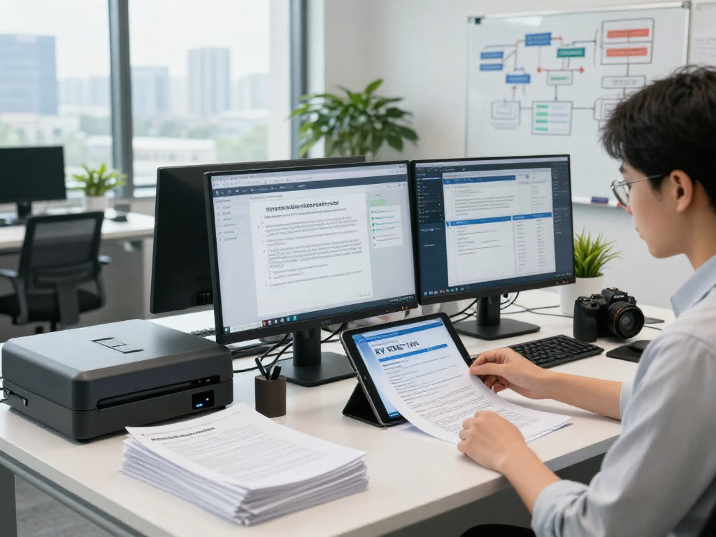 Compliance officer analyzing document fraud detection metrics with AI tools in a professional office.