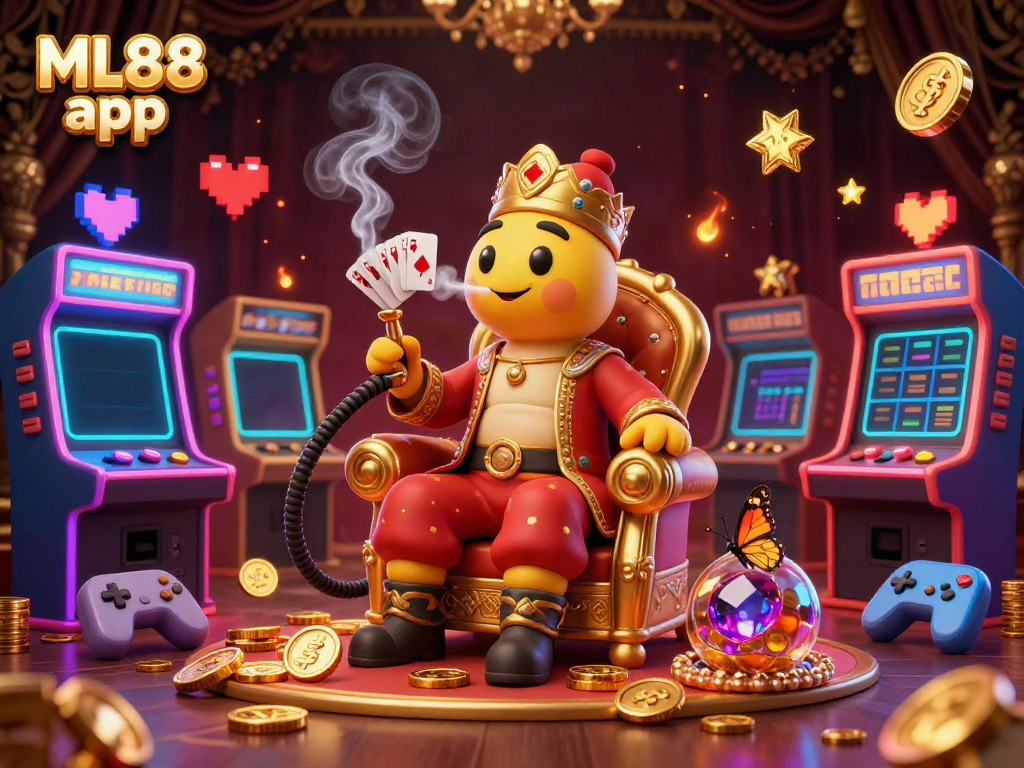 Experience the thrill of the ML88 app with a unique 3D scene featuring a caterpillar hookah-master amidst vibrant gaming elements.