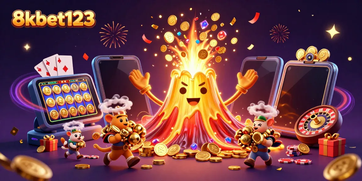 Win big at 8xbet123 with a golden volcano erupting treasure in a vibrant casino scene.