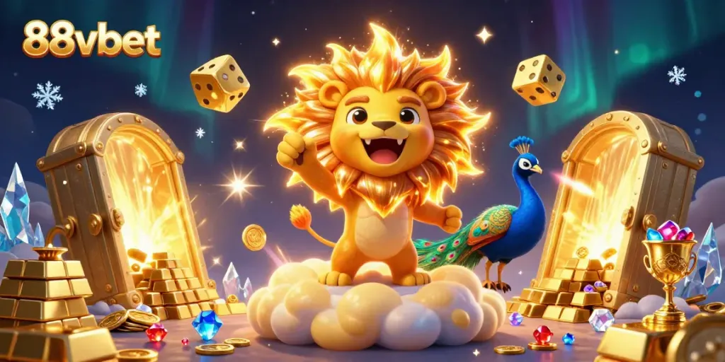 Experience thrilling 88vbet gaming with a roaring lion, dazzling gems, and golden treasures in this vibrant scene.
