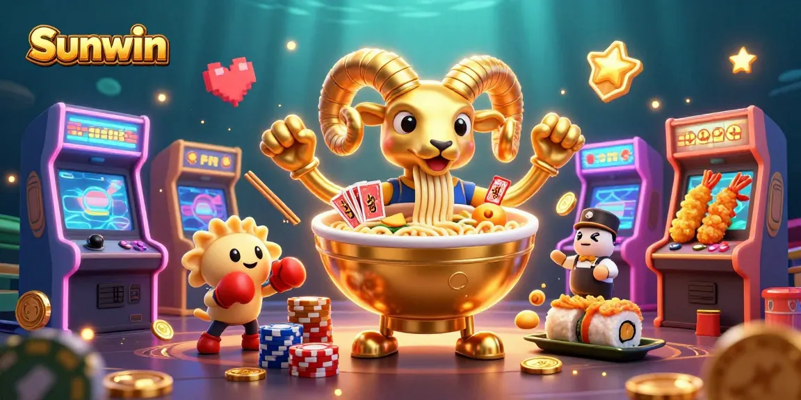 Engage in thrilling gameplay at Sunwin with a vibrant casino scene featuring cartoon characters and game elements.