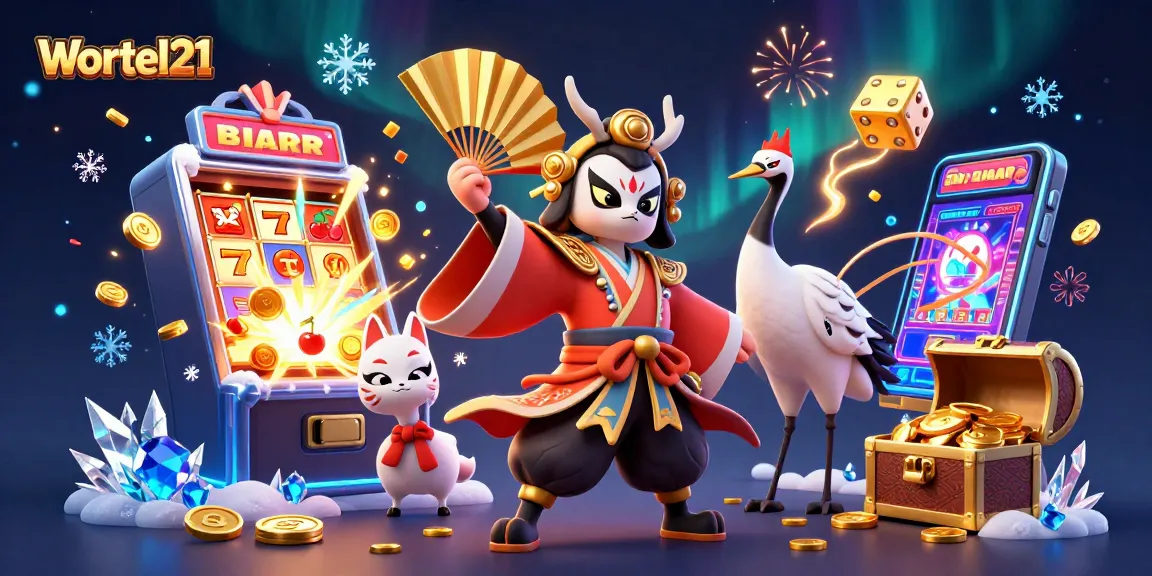 Engage in thrilling moments with Wortel21 at a vibrant casino scene featuring exciting slot machines and dynamic game elements.