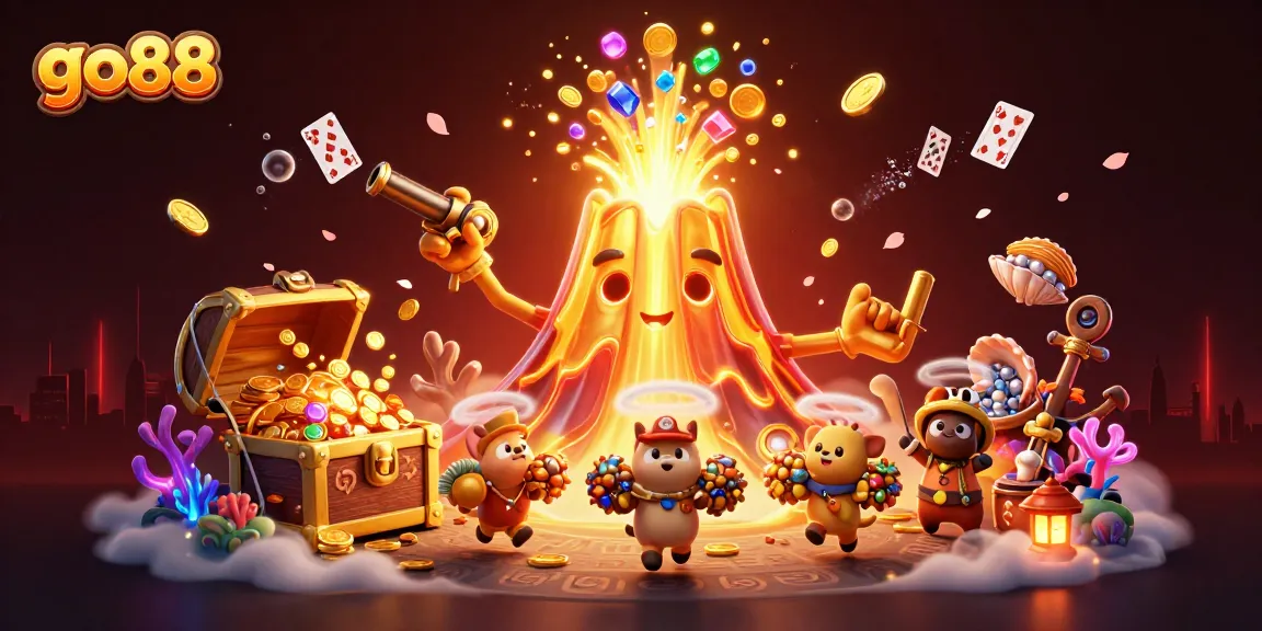 Engage with go88's treasure trove of rewards amid vibrant gold and gem-filled chaos