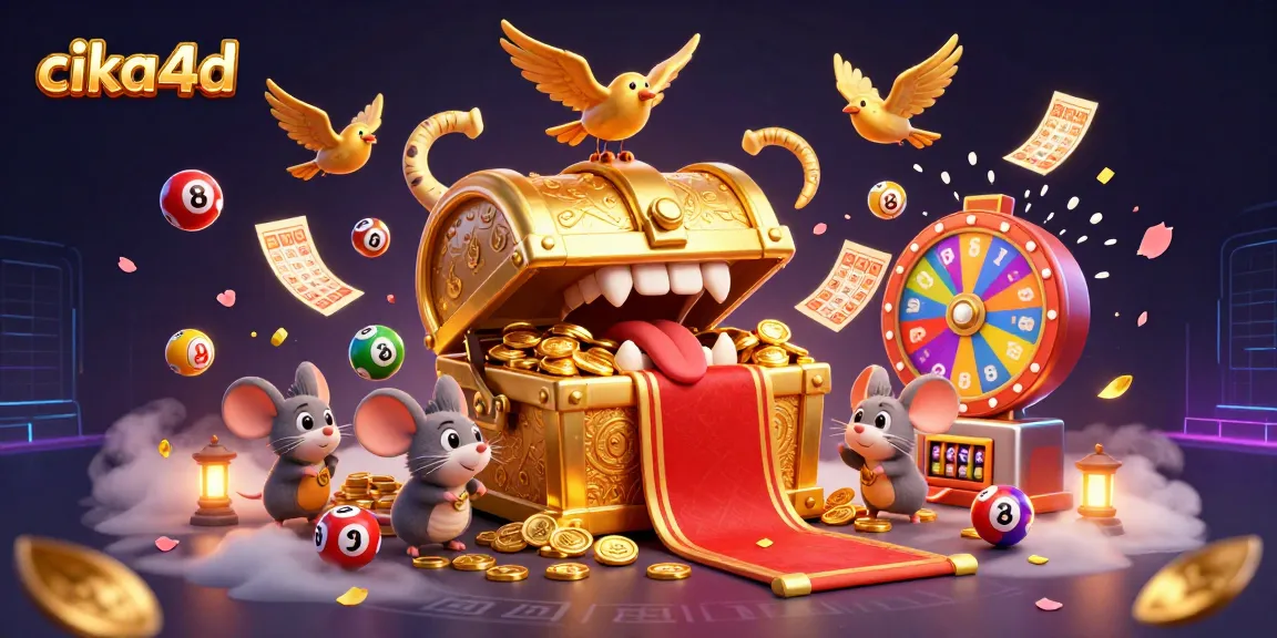 Engage with cika4d's thrilling lottery and gaming experience in a vibrant, animated casino scene.