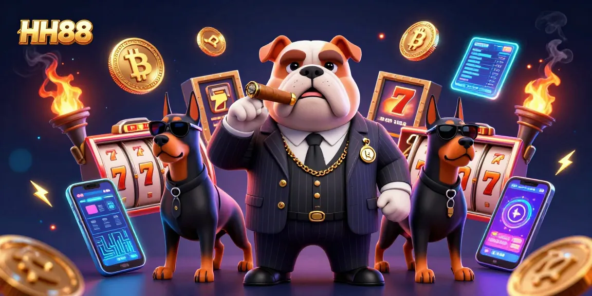 HH88 jackpot gaming scene features a mafia bulldog with Doberman bodyguards, surrounded by vibrant slot reels and digital assets.