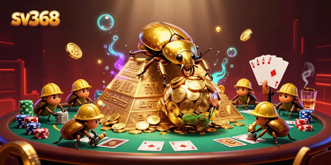 Experience the thrill of sv368 with a golden beetle rolling coins in a vibrant casino scene.
