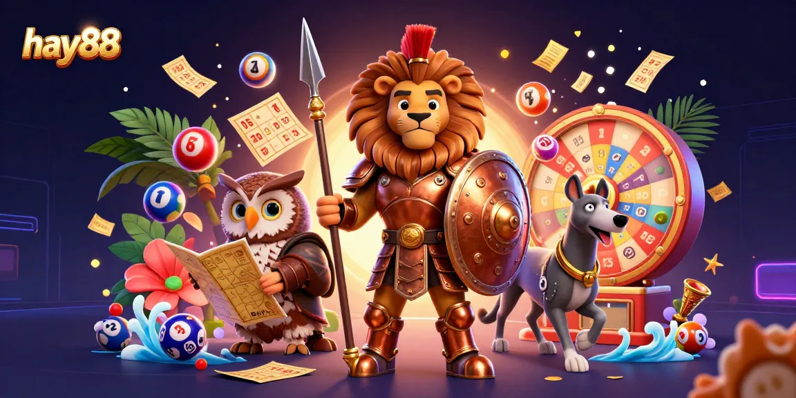 Engage in vibrant gameplay at hay88 as a Spartan lion leads his team in a lottery adventure.