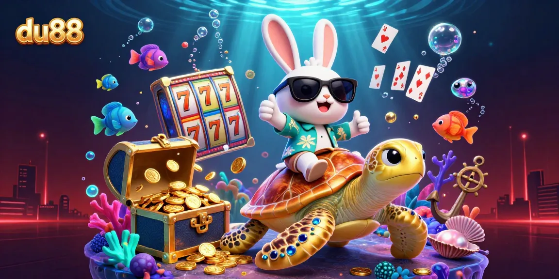 Join the fun at du88 with our lucky rabbit and golden turtle in a vibrant casino scene.
