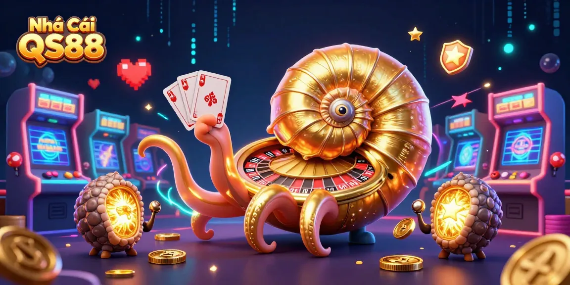 Engage with Nhà Cái QS88 features in this vibrant 3D casino illustration, filled with dynamic gaming elements and characters.