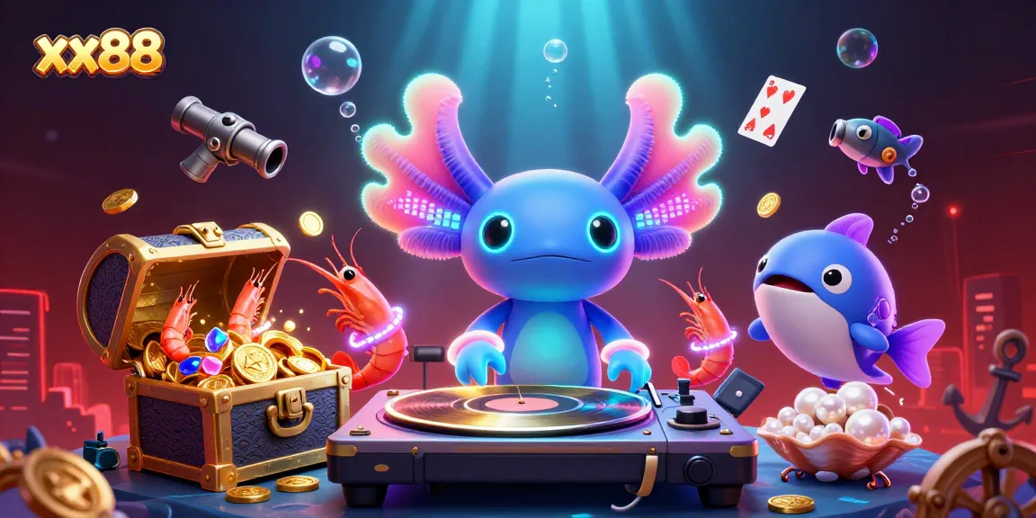 Engage in thrilling gameplay with xx88 as a neon axolotl DJ spins records among gold treasures.