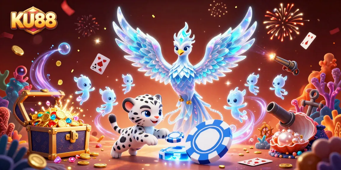 Engage with KU88's thrilling gaming experience featuring vibrant 3D characters and casino elements.