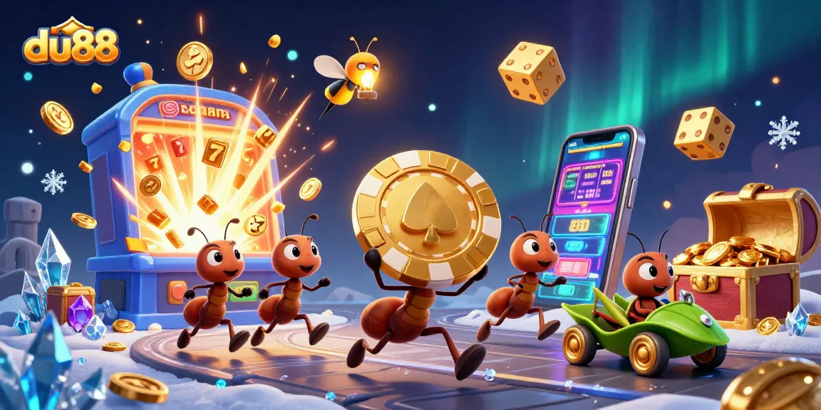 Engaging du88 graphic shows cartoon ants in a heist carrying a giant poker chip in a casino-themed scene.