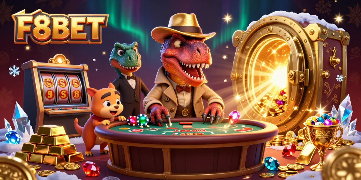 F8BET engages players with a dynamic scene of cartoon dinosaurs at a blackjack table amidst gold treasures.