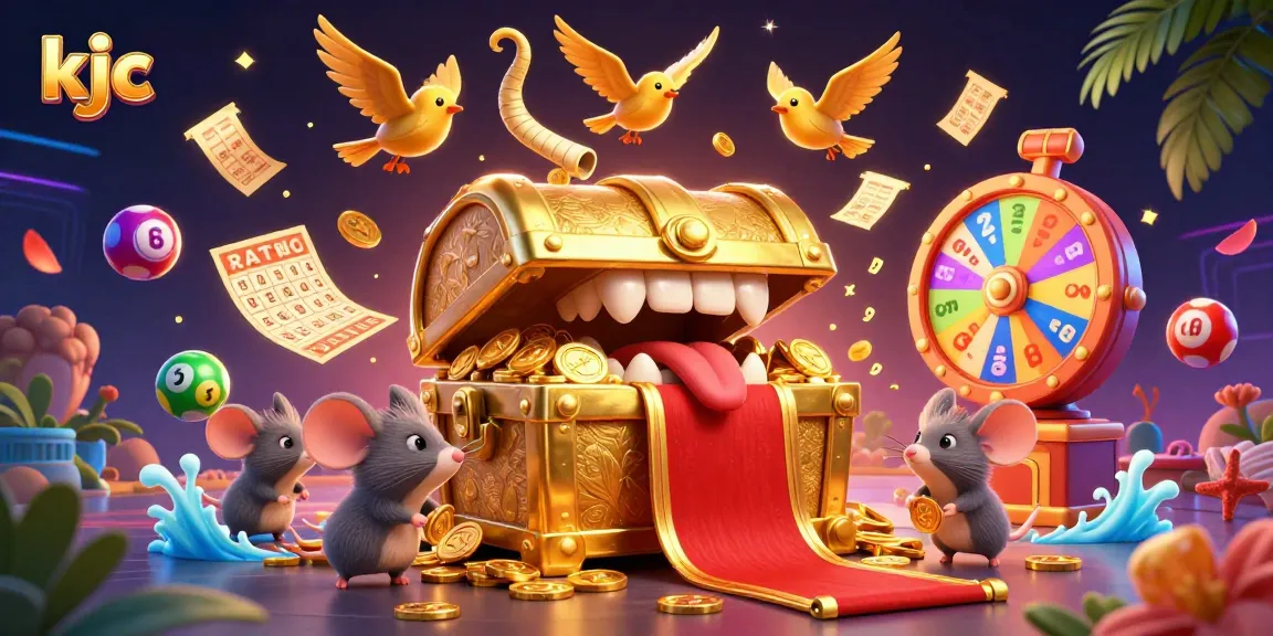 Play exciting games with kjc's vibrant golden treasure chest and lottery elements in a dynamic casino scene.