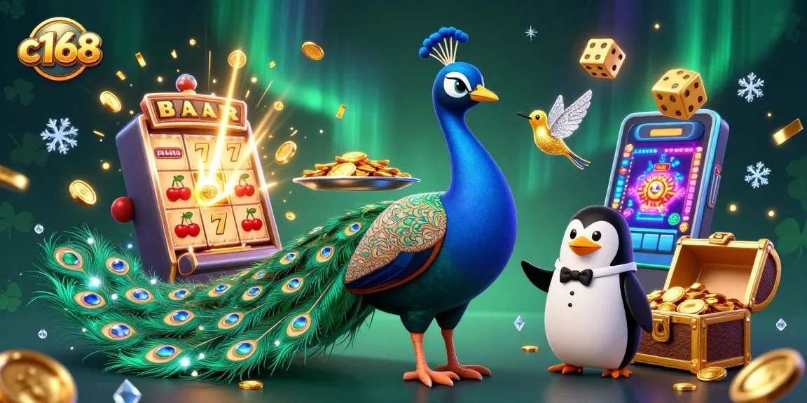 Play exciting games at c168 as a 3D peacock celebrates wins with coins and jackpots.