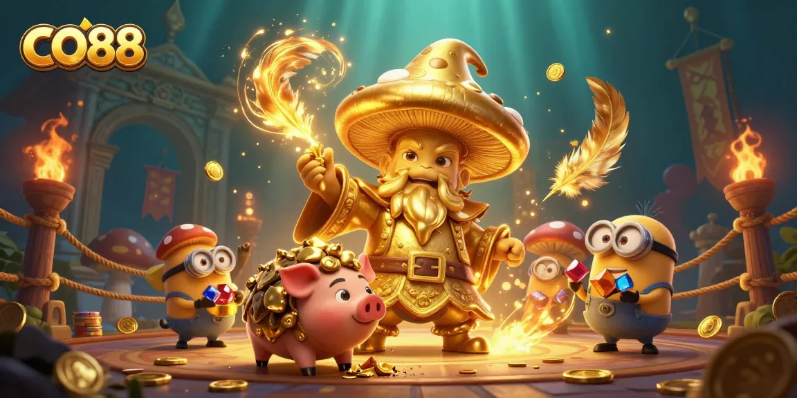 Experience thrilling games at CO88 with iconic wizards, treasures, and vibrant casino atmosphere