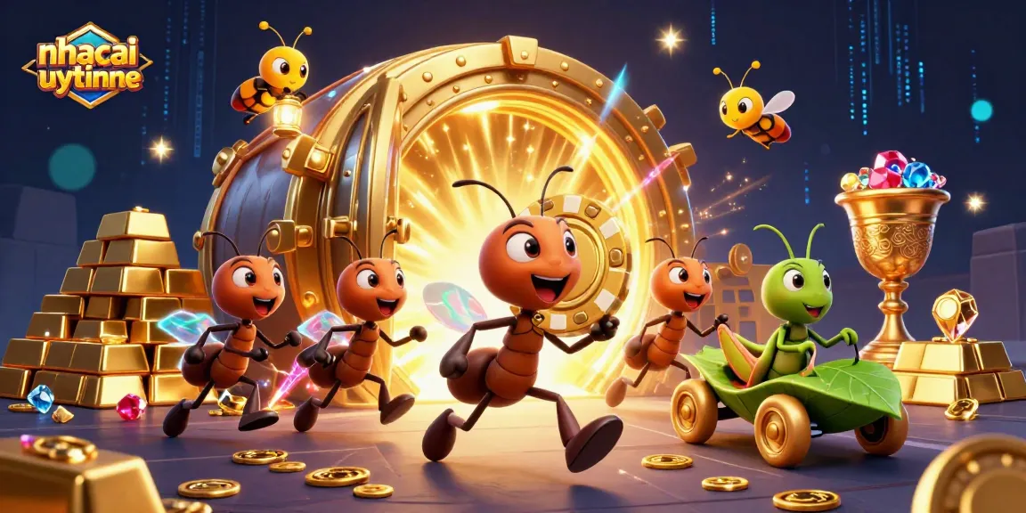 Ants execute a heist carrying a huge poker chip in a vibrant 3D scene related to nhacaiuytinne gaming.