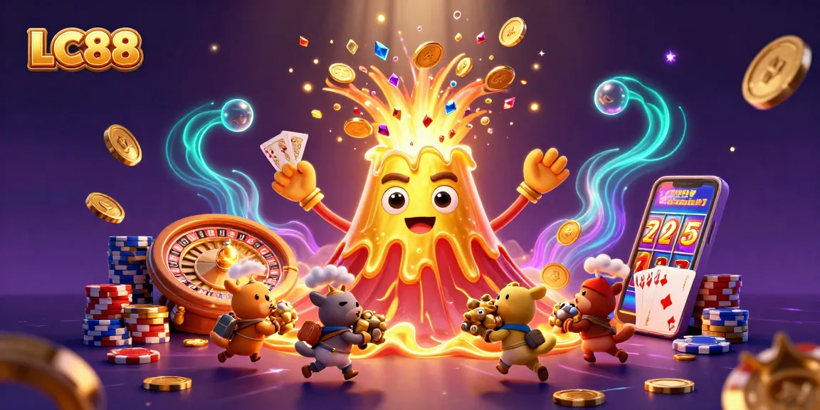 Experience the thrill of winning at LC88 with cascading coins and colorful casino elements.
