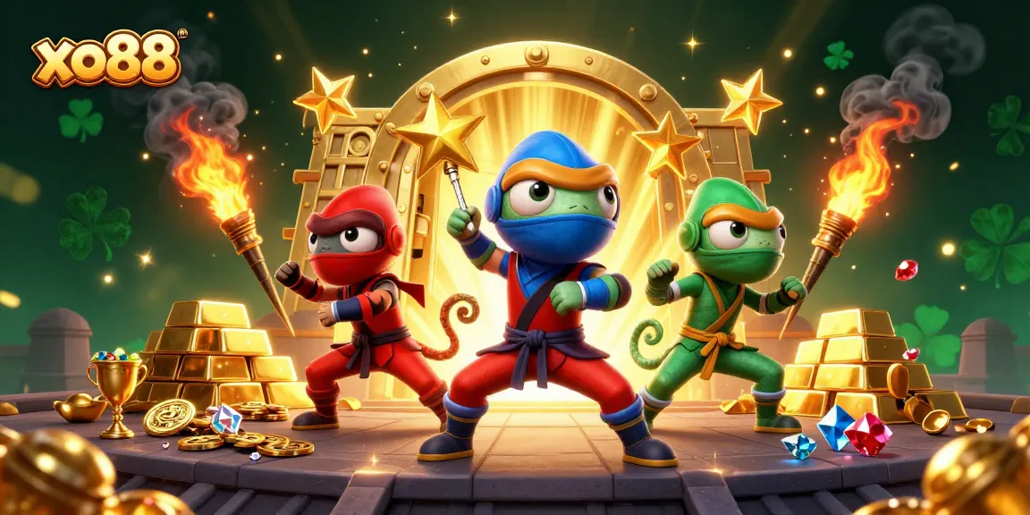 Experience exciting gameplay at xo88 with ninja chameleons celebrating wins amid treasures.