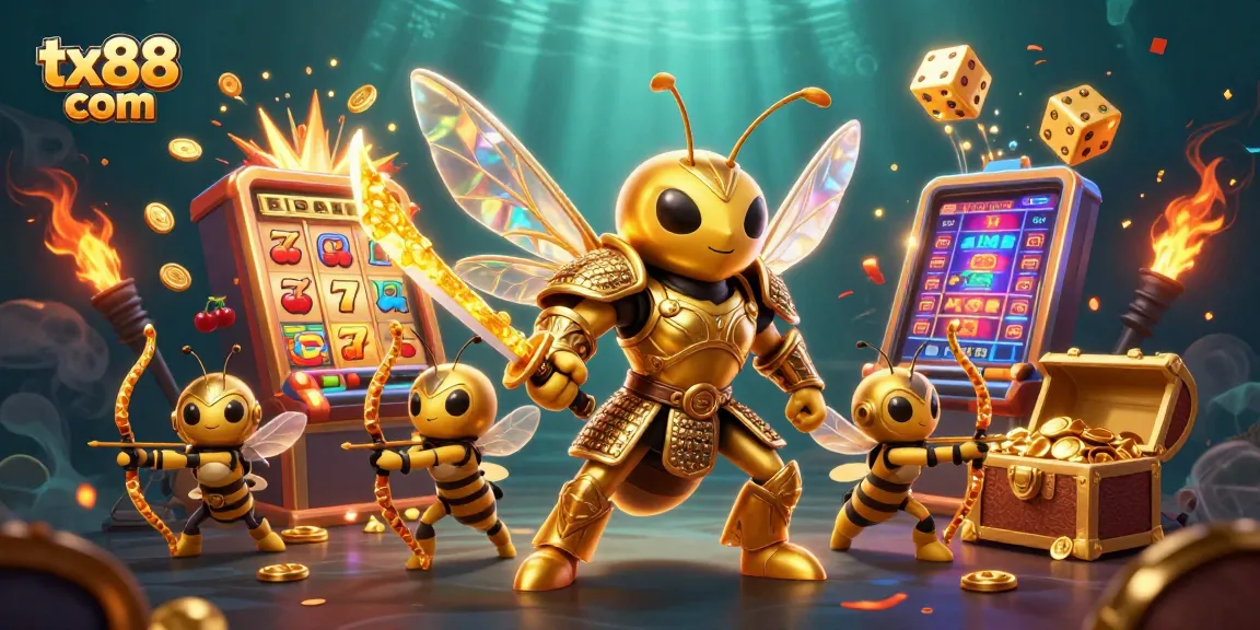 Experience winning at tx88 com with a golden samurai hornet surrounded by dynamic casino elements.