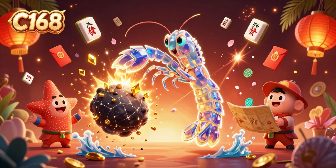 C168 casino illustration depicting a galactic samurai mantis shrimp smashing through an asteroid releasing golden gems and coins.