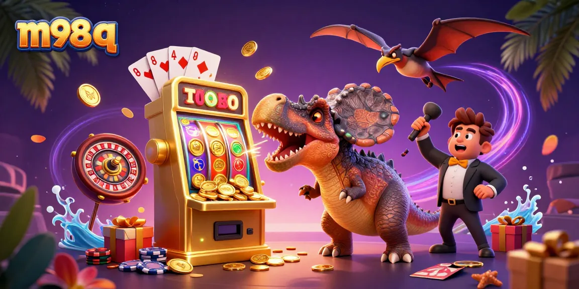Experience the high-stakes fun of m98 q with a unique pachycephalosaurus jackpot scene featuring flying coins and a vibrant casino atmosphere.
