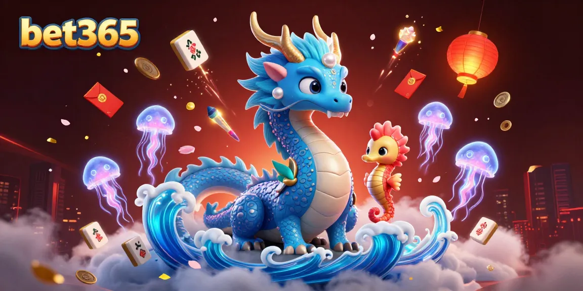 Experience bet365 excitement with an energetic 3D illustration of a majestic water dragon and seahorse knight.