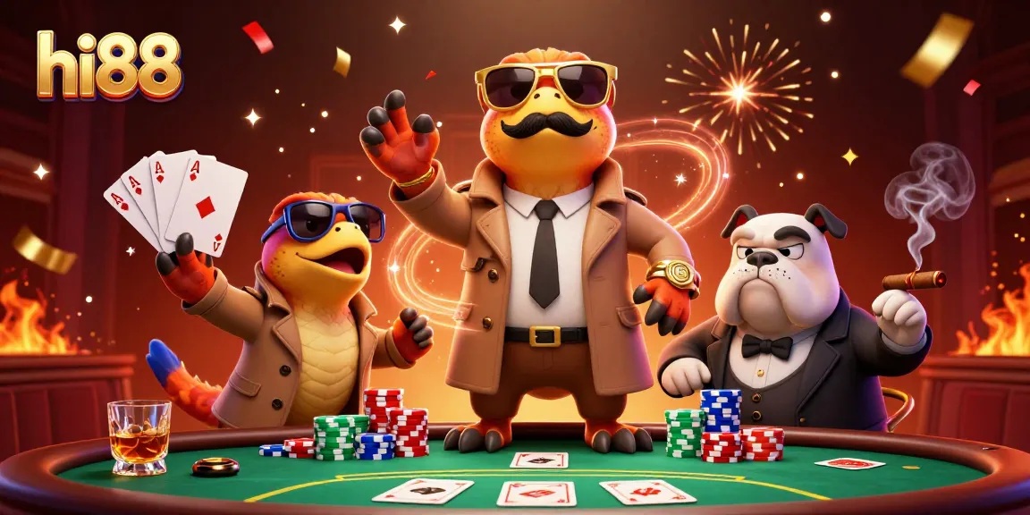 hi88 raptors sneaking into a casino, showcasing poker elements and vibrant decorations