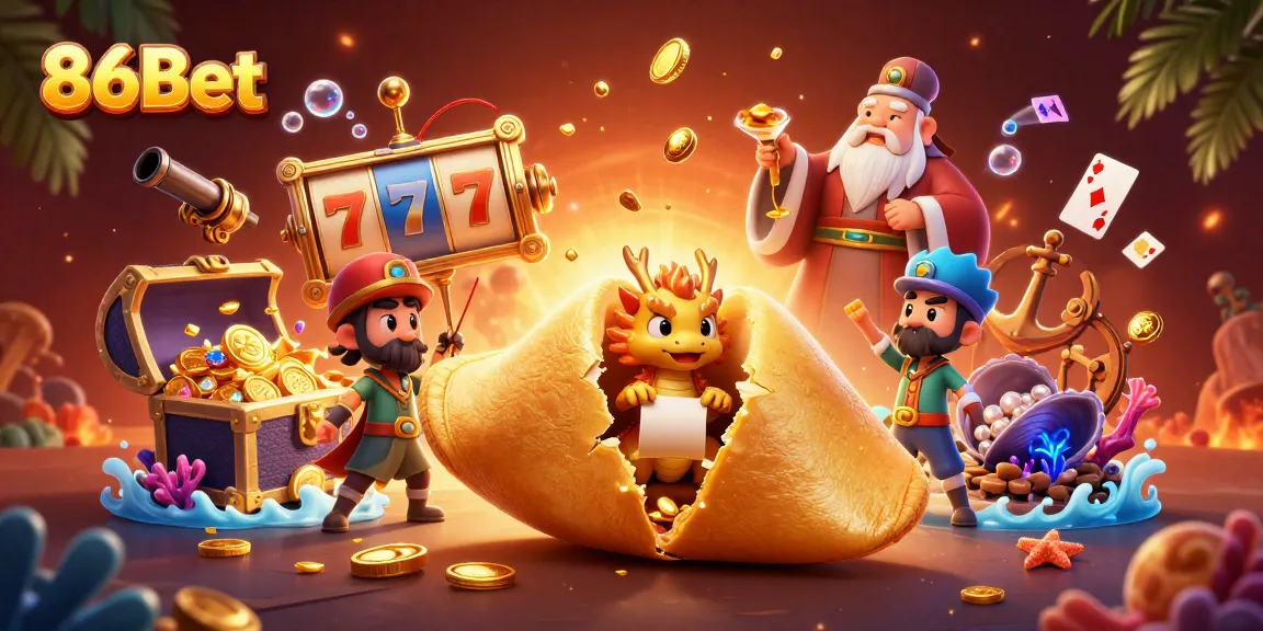 Engage with 86Bet's vibrant casino scene featuring a golden fortune cookie and dragons.