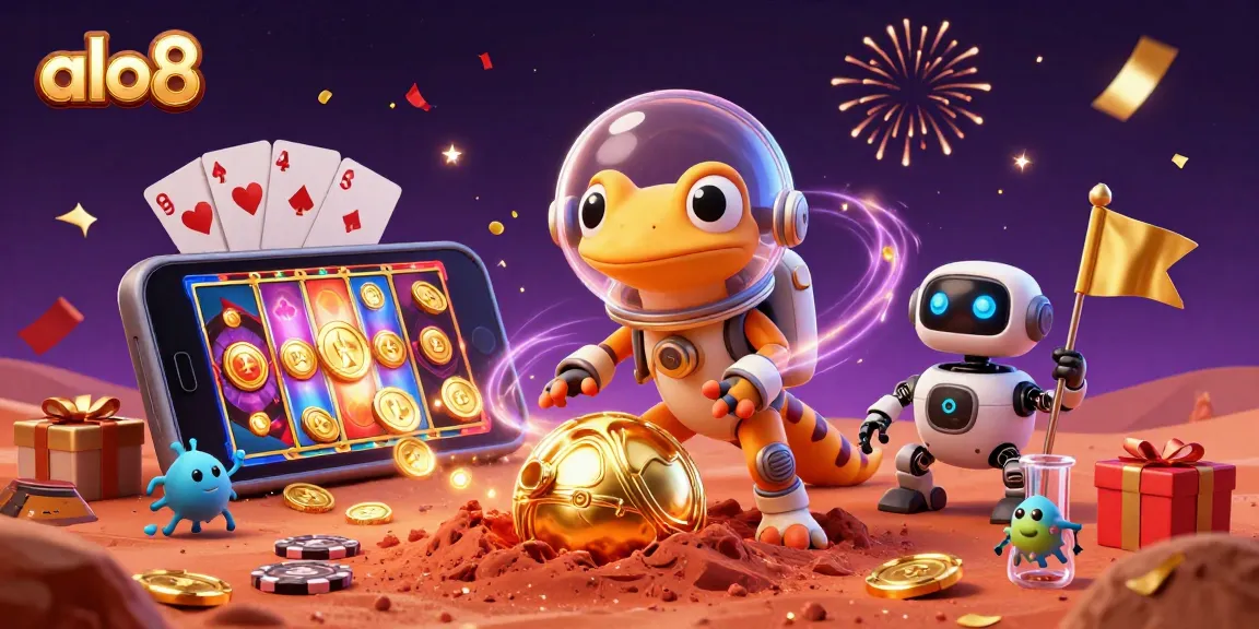 Experience the thrill of alo8 with a Martian gecko discovering a golden casino amidst cosmic celebration.