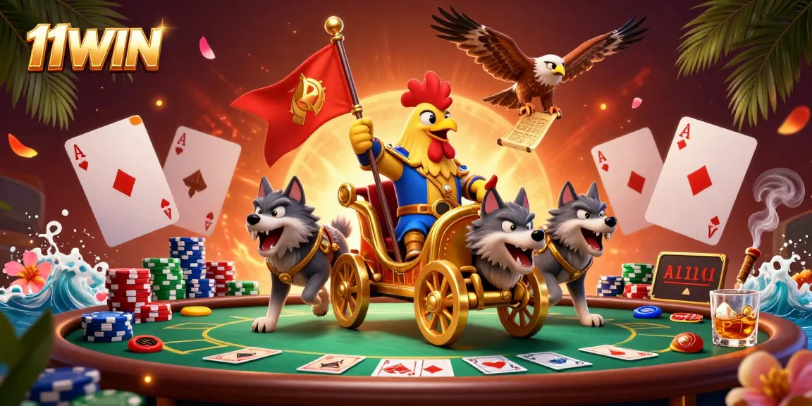 Win big with 11WIN in this exciting 3D casino scene filled with poker elements.