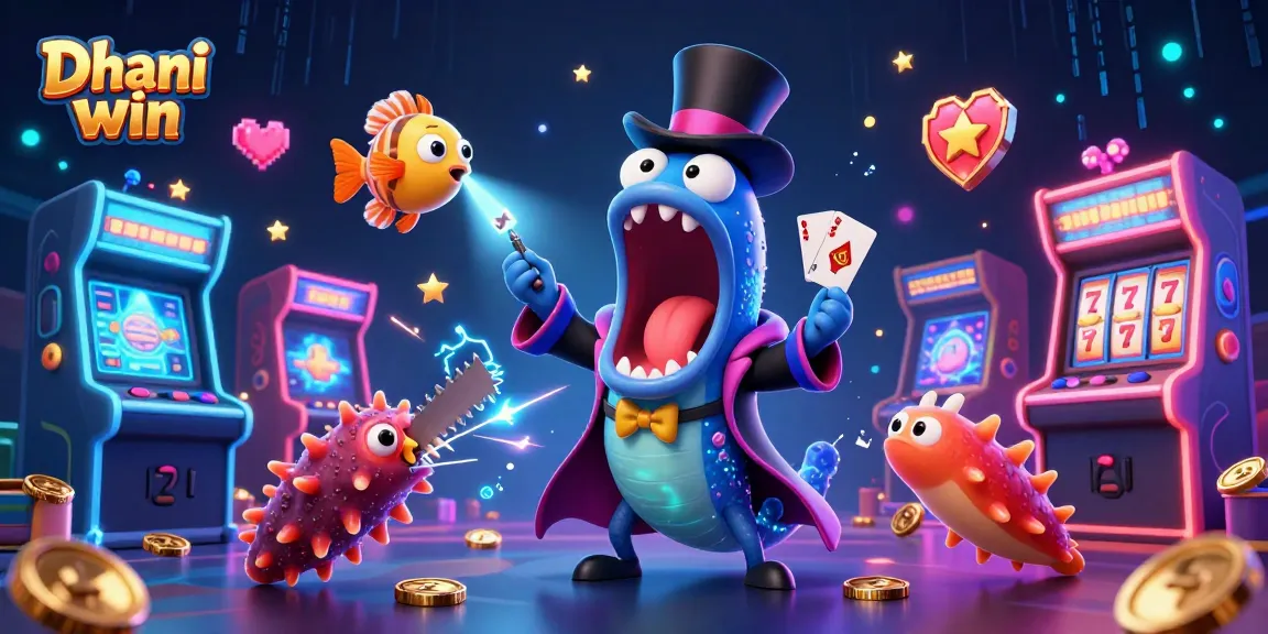 Dhani win game characters performing tricks with glowing casino game elements showcasing thrilling gameplay.