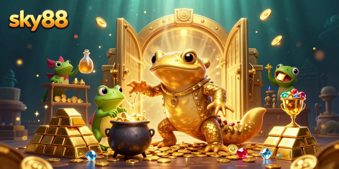 sky88 reveals a magical casino scene with golden elements and vibrant characters engaging in alchemical games.