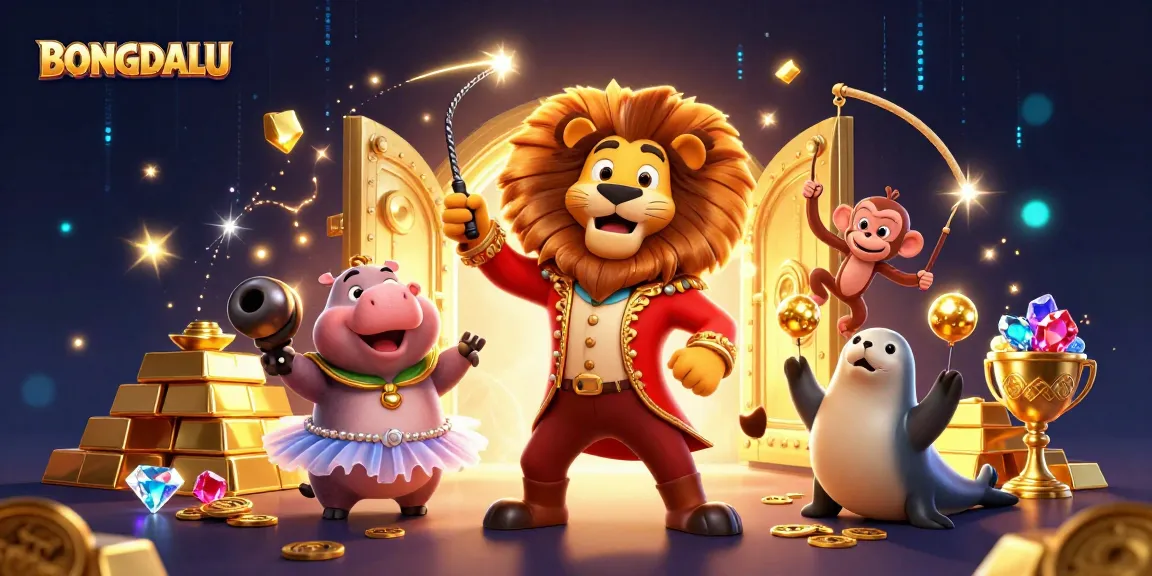 BONGDALU brings excitement with a circus-themed 3D illustration of a lion, hippo, monkey, and seal in a dynamic gambling scene.