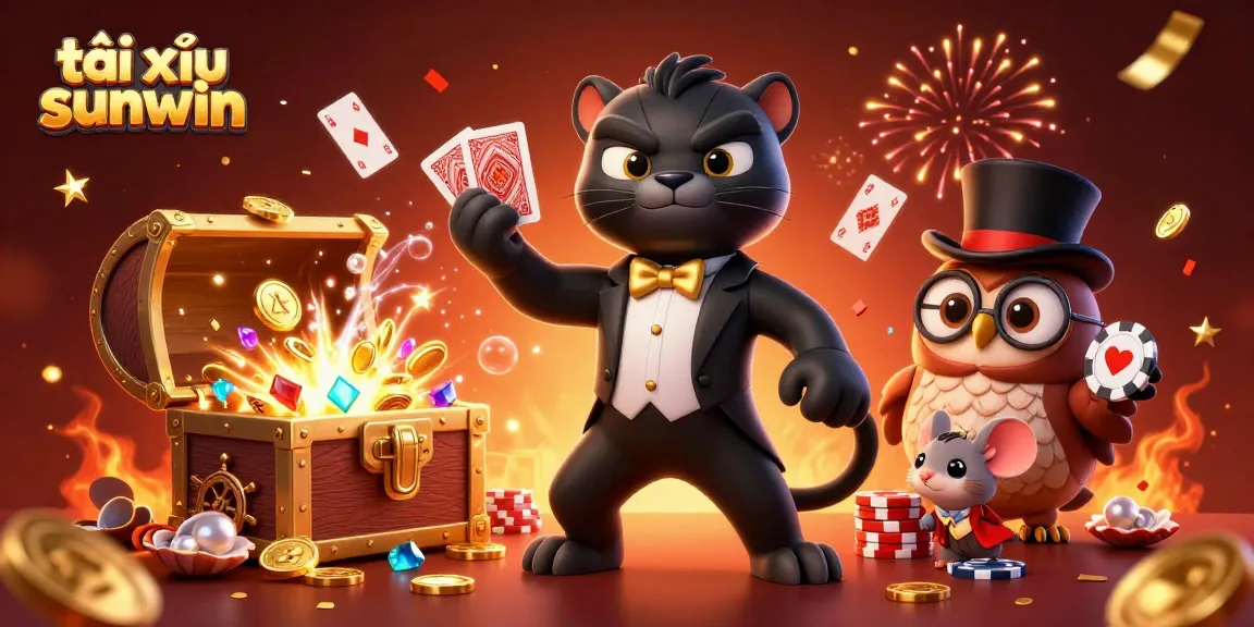 Tái xỉu sunwin offers thrilling gaming experiences with a panther dealer, owl with poker chips, and lucky mouse amidst a vibrant casino scene.